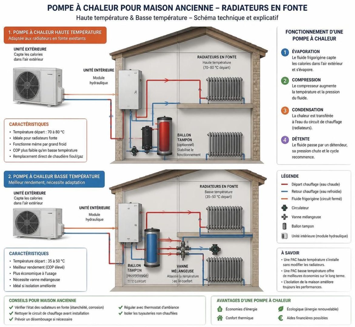 découvrez les différences entre une pompe à chaleur (pac) haute température et basse température, et choisissez la solution la mieux adaptée pour le chauffage efficace et économique de votre maison ancienne.