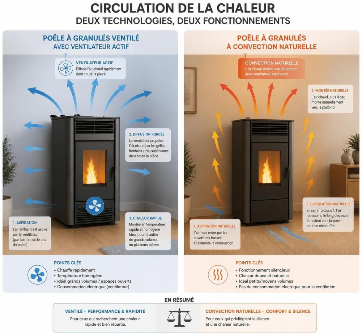 découvrez les différences de rendement entre un poêle à granulés ventilé et un poêle à convection naturelle, et comprenez quel système de chauffage convient le mieux à vos besoins.
